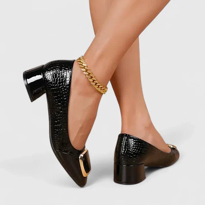 Women's Croc-Embossed Block-Heel Square-Toe Loafer Pumps - Black