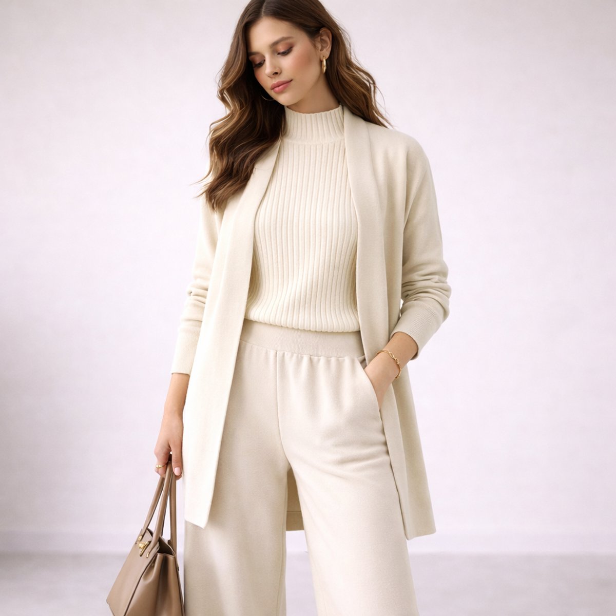 Women's Elegant Evening Gown Inspired Three-Piece Ribbed Knit Lounge Set - White