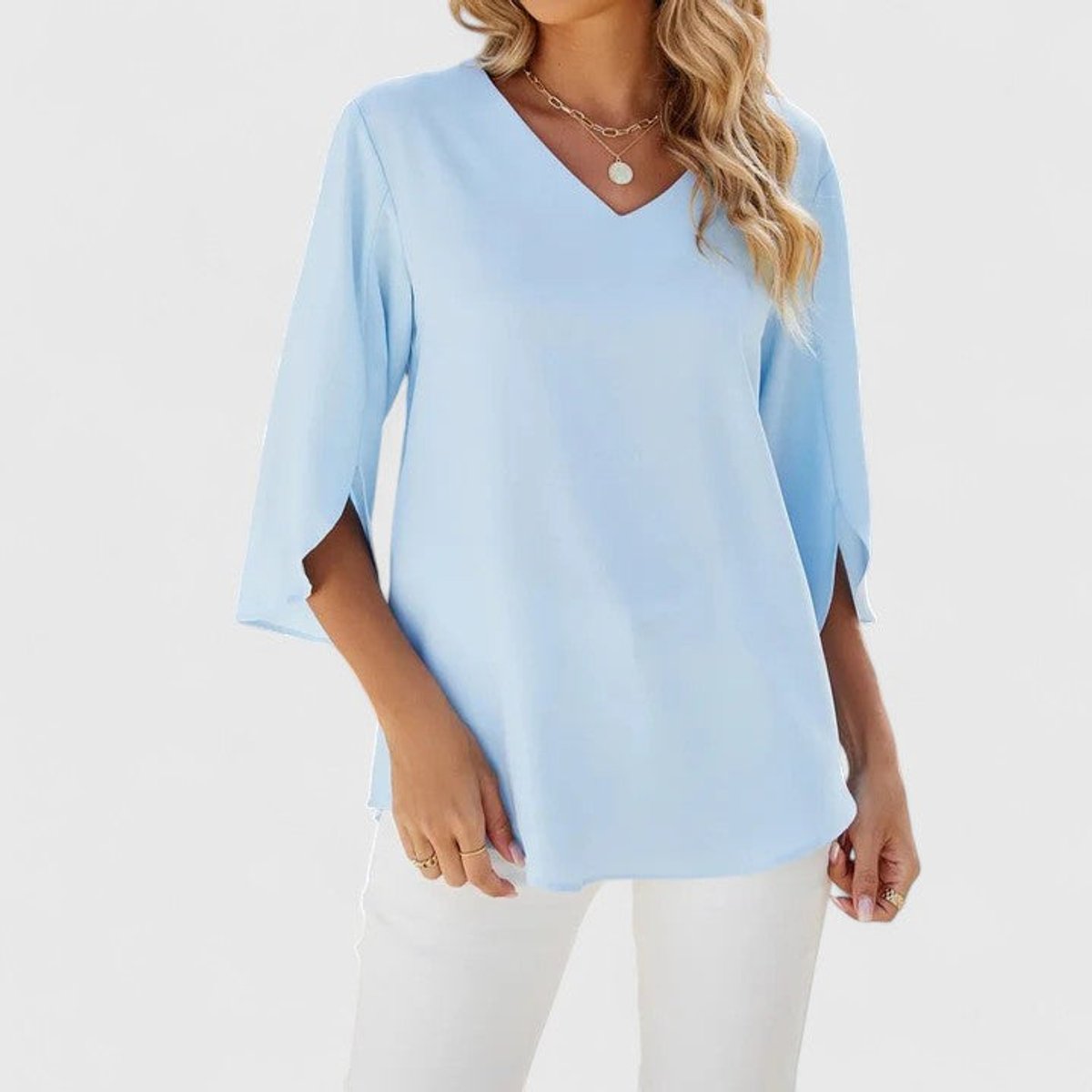 Women's Elegant Ruffle V-Neck Chiffon Blouse - Classic Blue