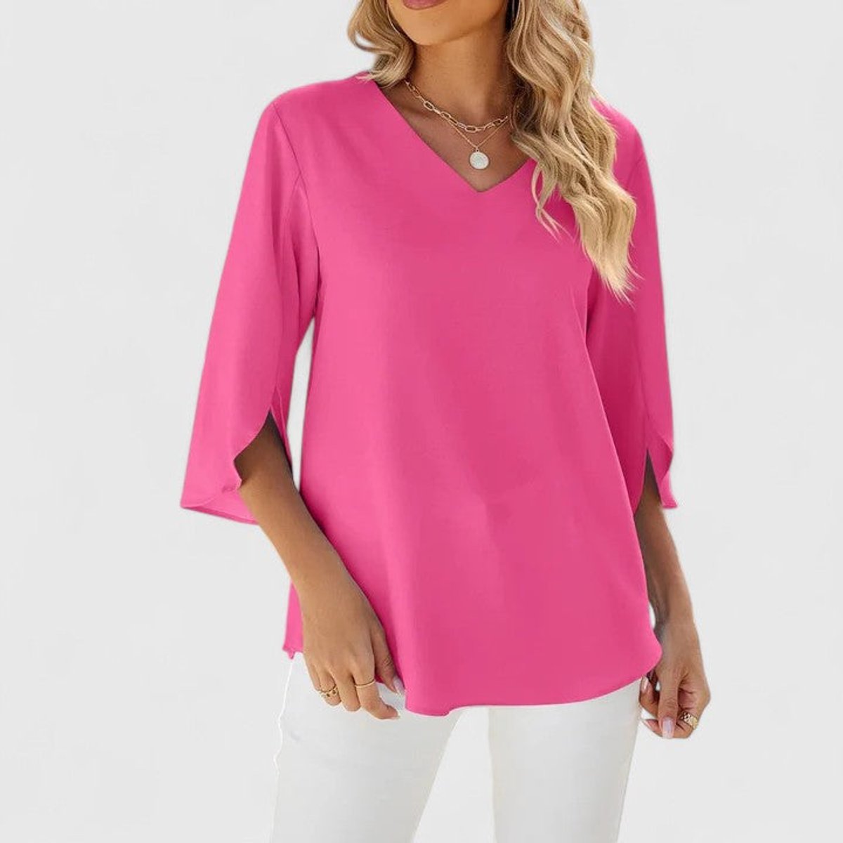 Women's Elegant Ruffle V-Neck Chiffon Blouse - Classic Pink