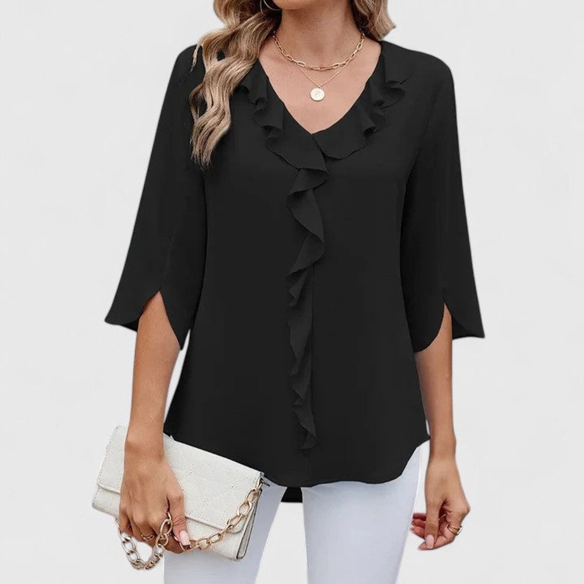 Women's Elegant Ruffle V-Neck Chiffon Blouse - Black