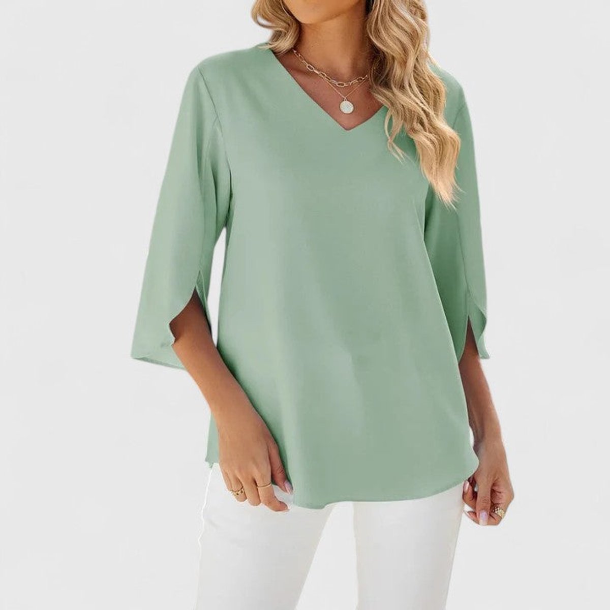 Women's Elegant Ruffle V-Neck Chiffon Blouse - Classic Green