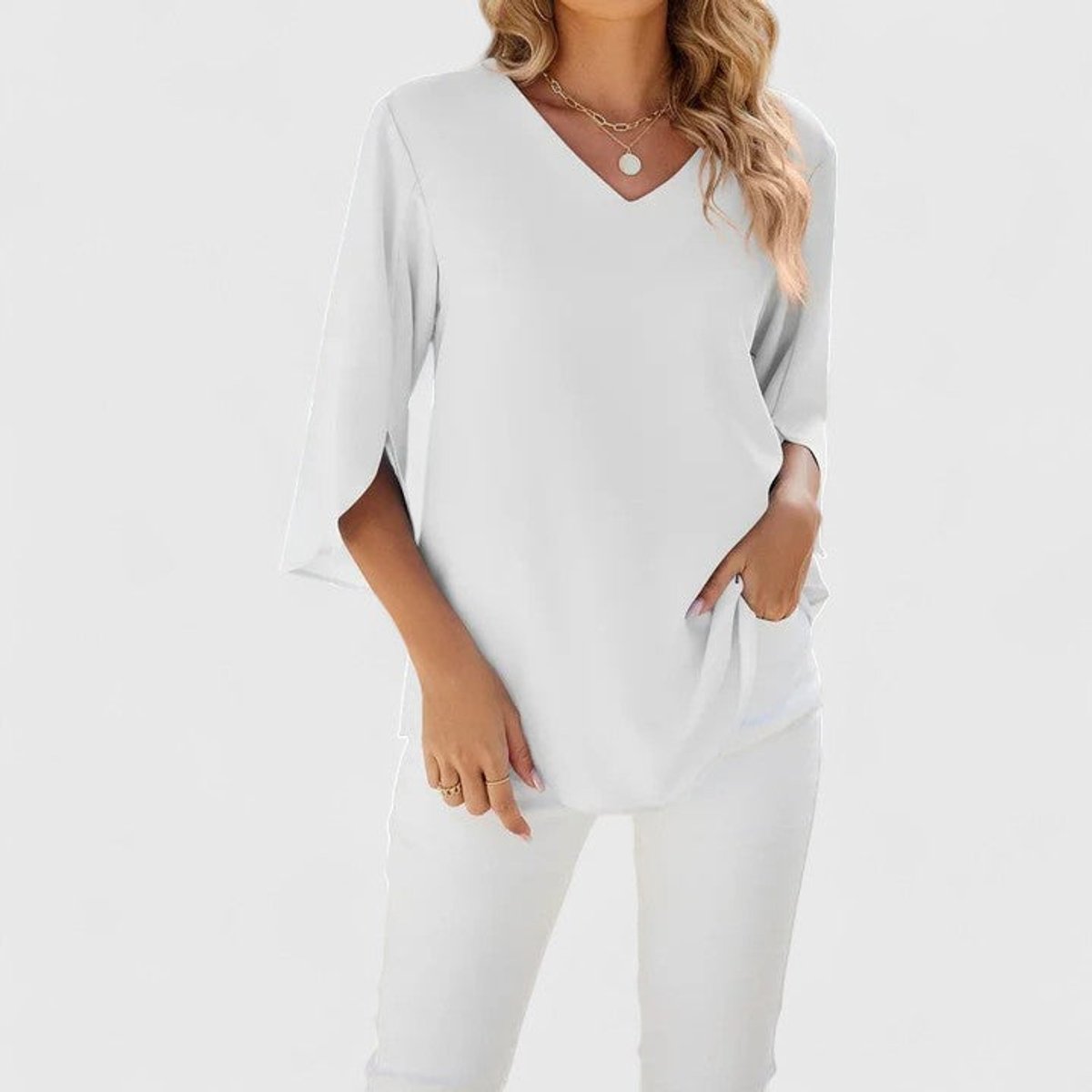 Women's Elegant Ruffle V-Neck Chiffon Blouse - Classic White