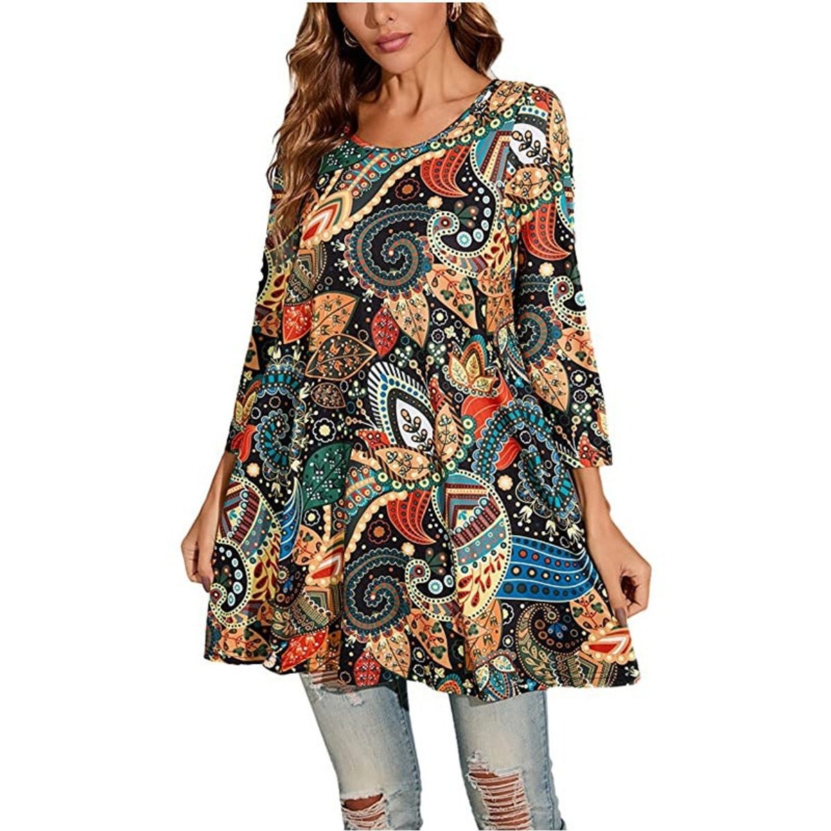 Women's Flared Mandala-Print 3/4 Sleeve Tunic Top - A5