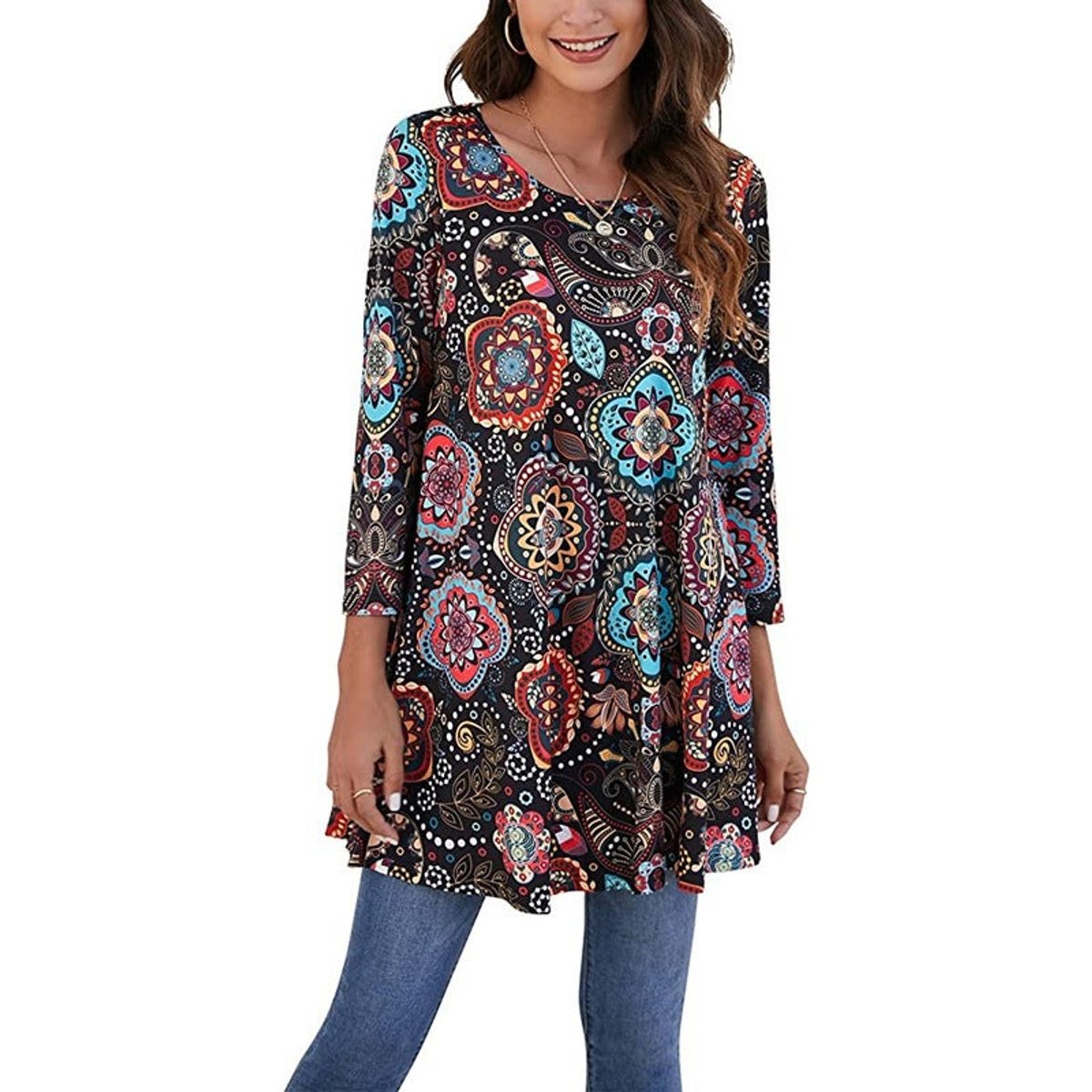Women's Flared Mandala-Print 3/4 Sleeve Tunic Top - A2