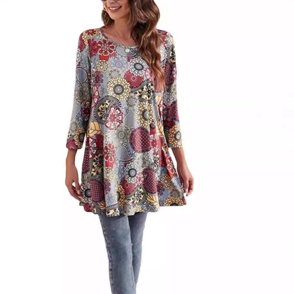 Women's Flared Mandala-Print 3/4 Sleeve Tunic Top