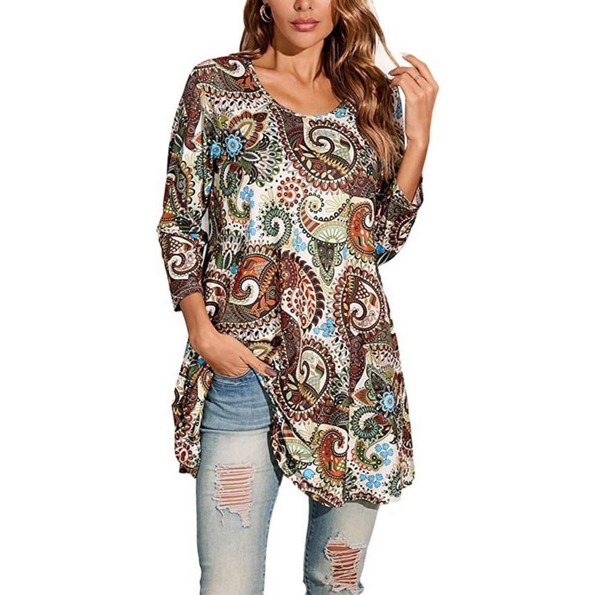 Women's Flared Mandala-Print 3/4 Sleeve Tunic Top - A1