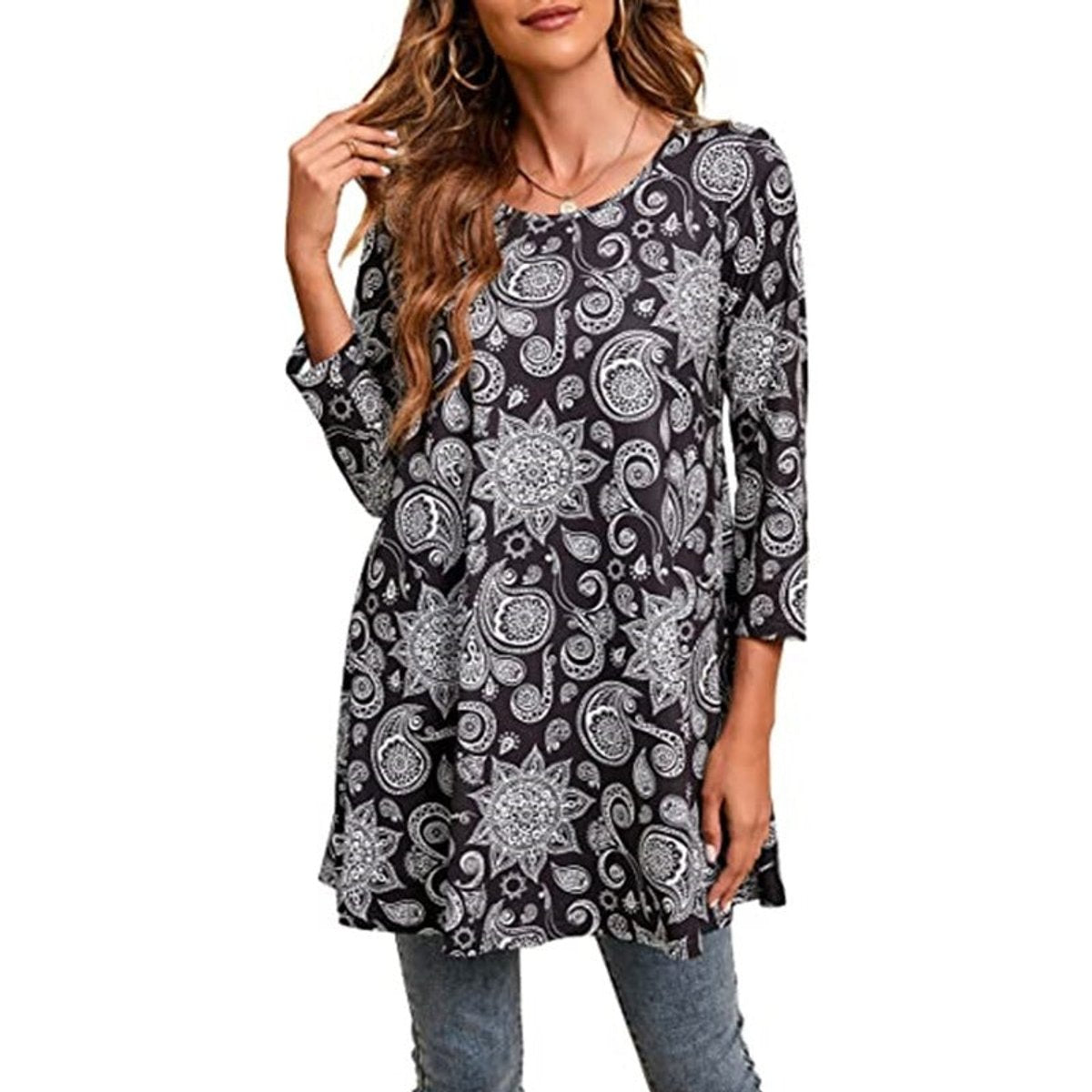 Women's Flared Mandala-Print 3/4 Sleeve Tunic Top - A14