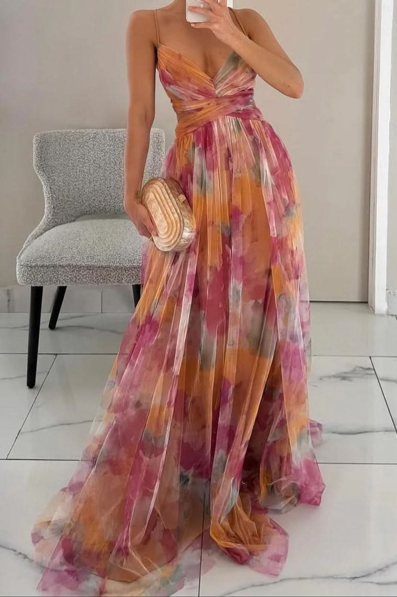 Women's Floral Maxi Cocktail Dress Spaghetti Strap V-Neck A-Line - Orange