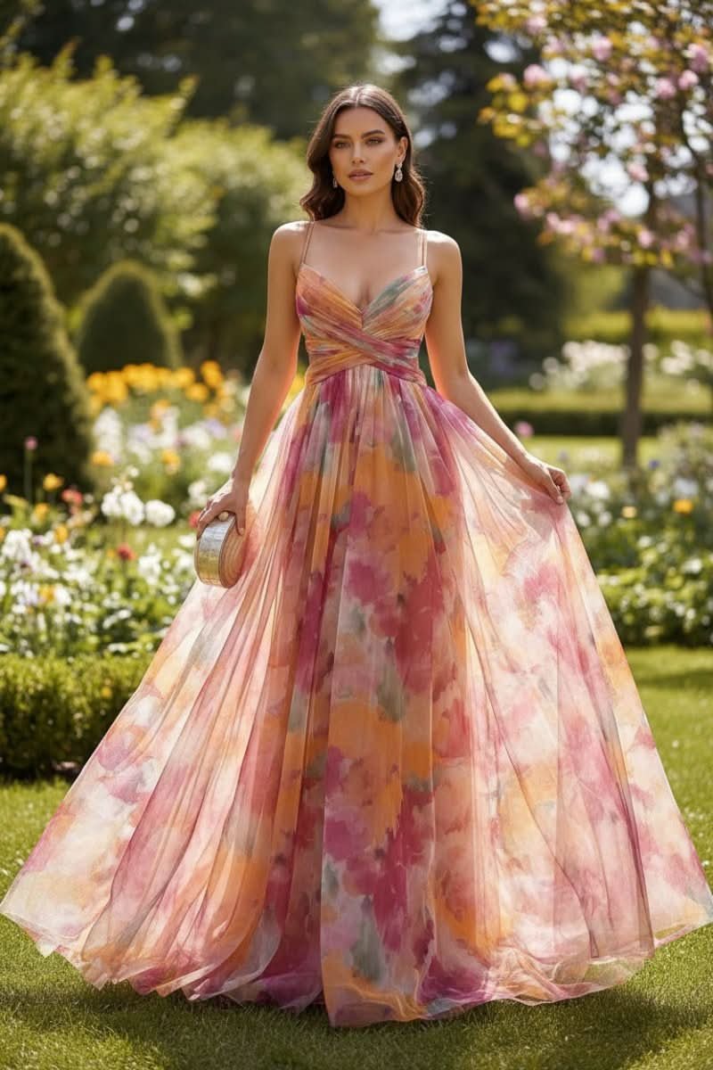 Women's Floral Maxi Cocktail Dress Spaghetti Strap V-Neck A-Line