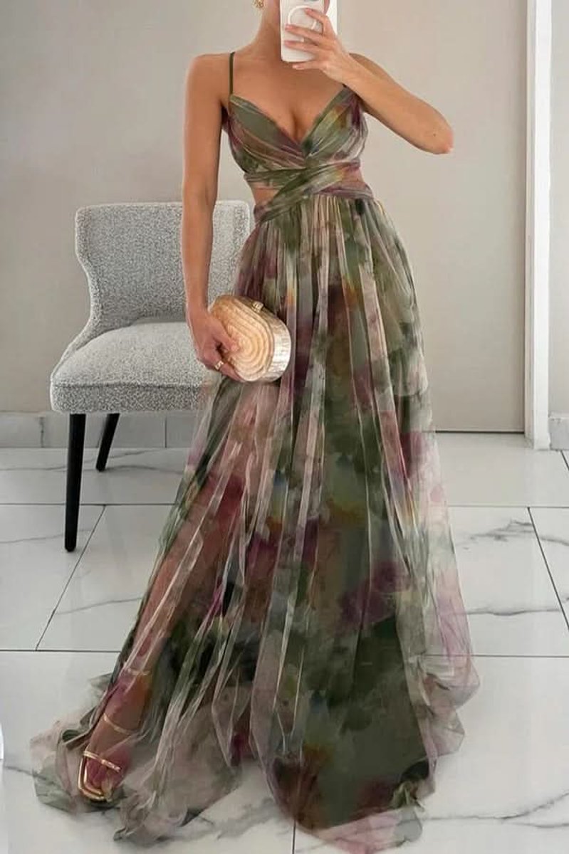 Women's Floral Maxi Cocktail Dress Spaghetti Strap V-Neck A-Line - Green