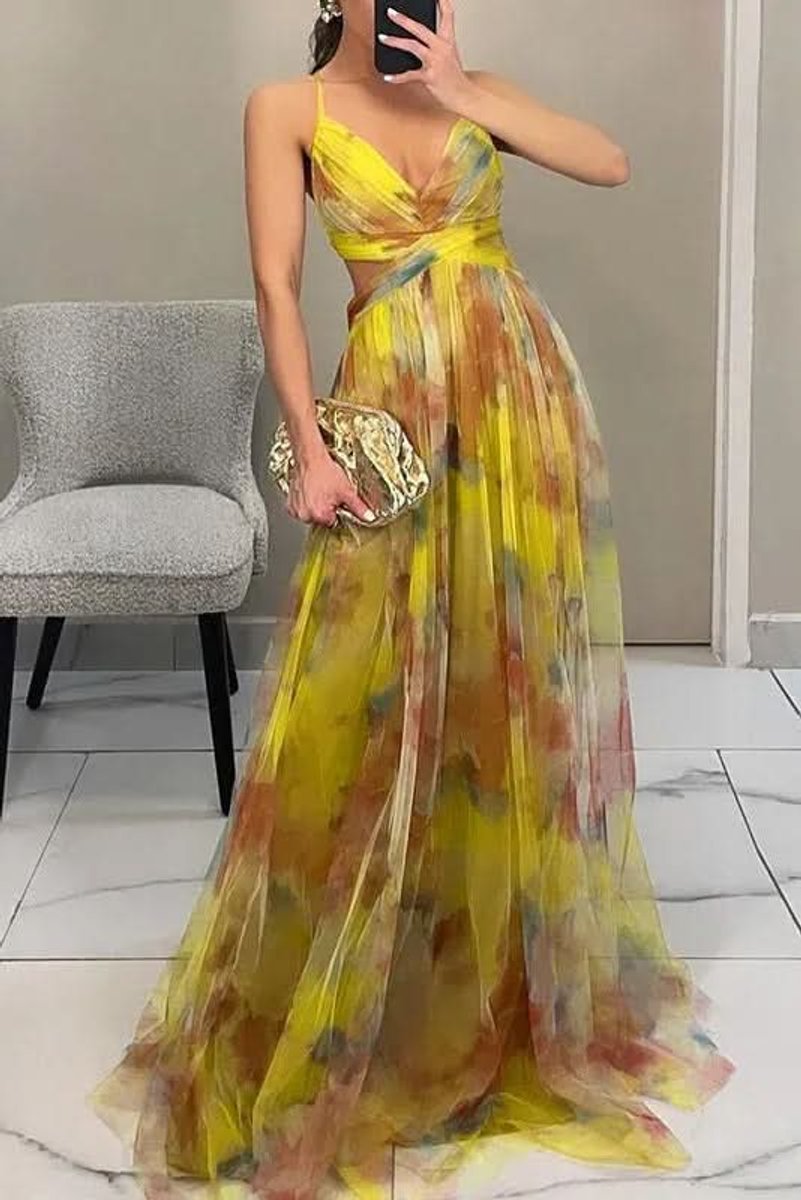 Women's Floral Maxi Cocktail Dress Spaghetti Strap V-Neck A-Line - Yellow