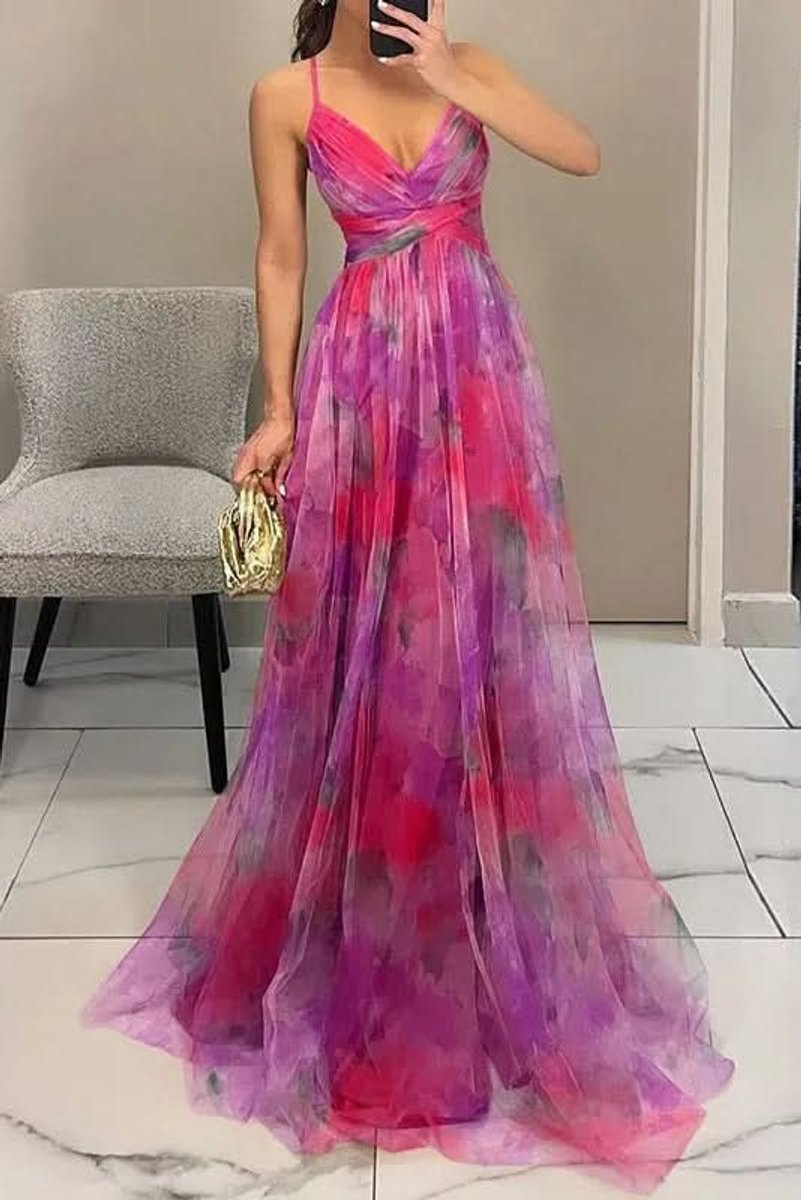 Women's Floral Maxi Cocktail Dress Spaghetti Strap V-Neck A-Line - Pink