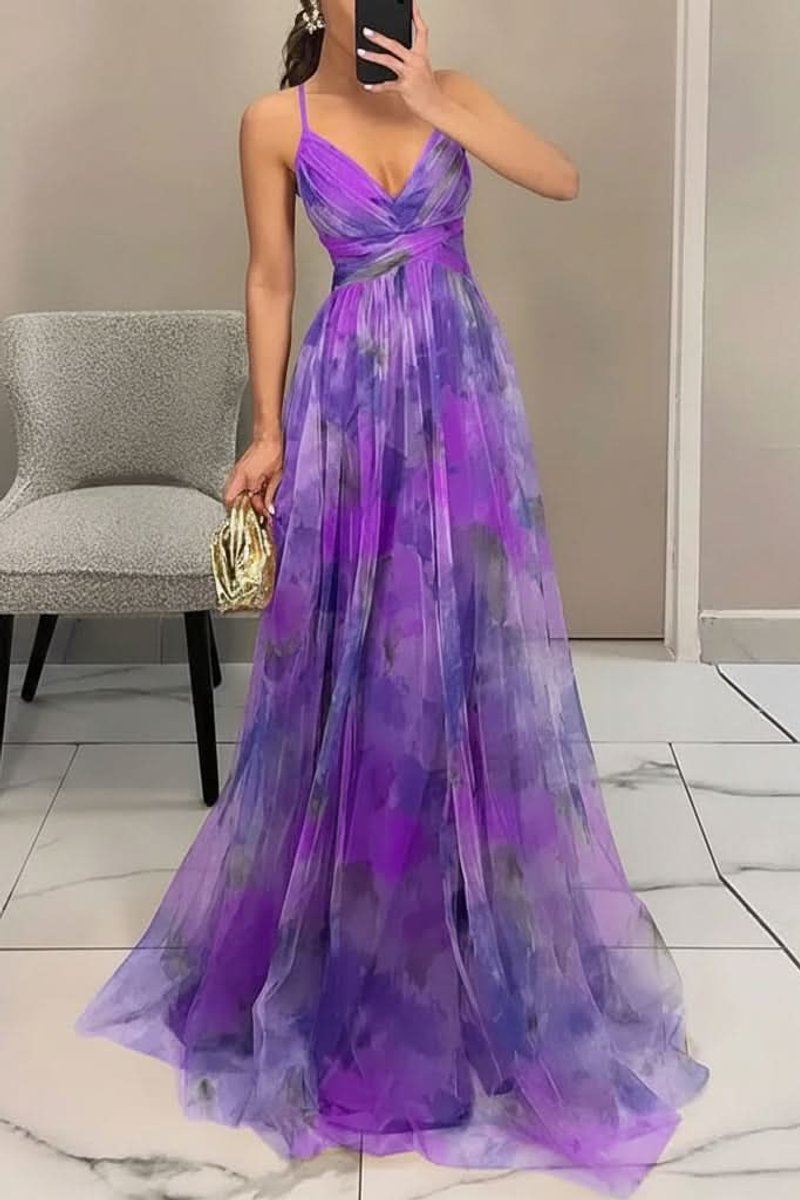 Women's Floral Maxi Cocktail Dress Spaghetti Strap V-Neck A-Line - Purple