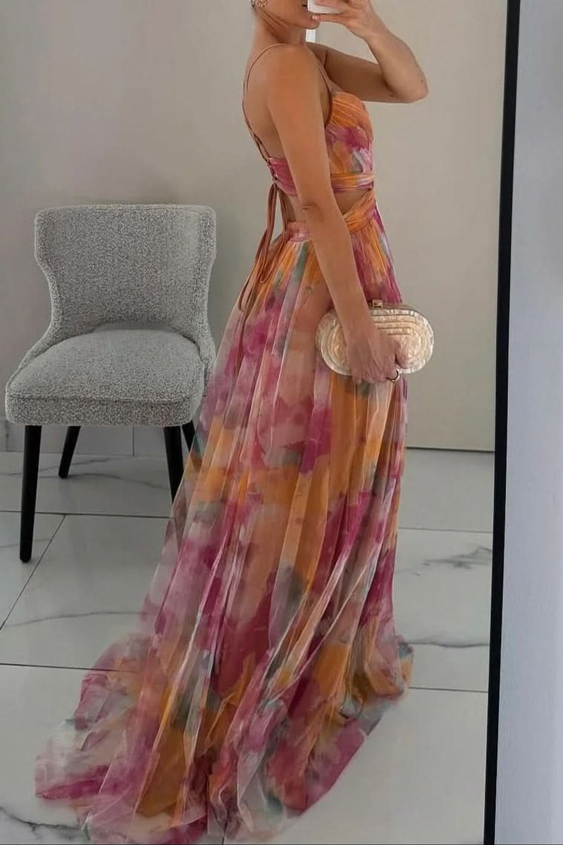 Women's Floral Maxi Cocktail Dress Spaghetti Strap V-Neck A-Line