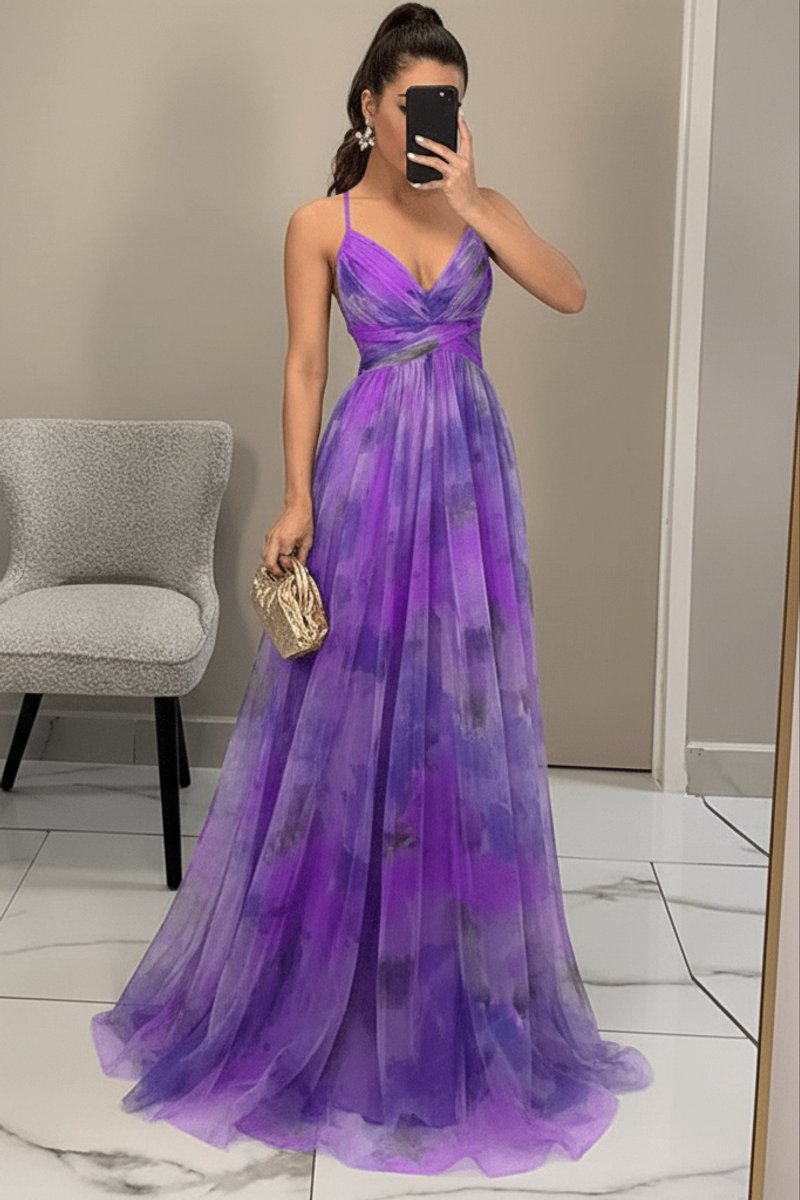 Women's Floral Maxi Cocktail Dress Spaghetti Strap V-Neck A-Line
