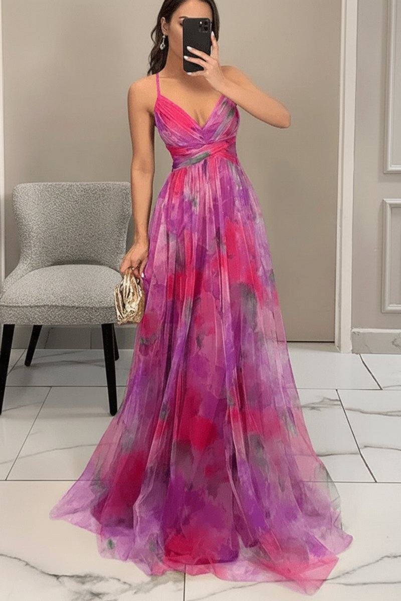 Women's Floral Maxi Cocktail Dress Spaghetti Strap V-Neck A-Line