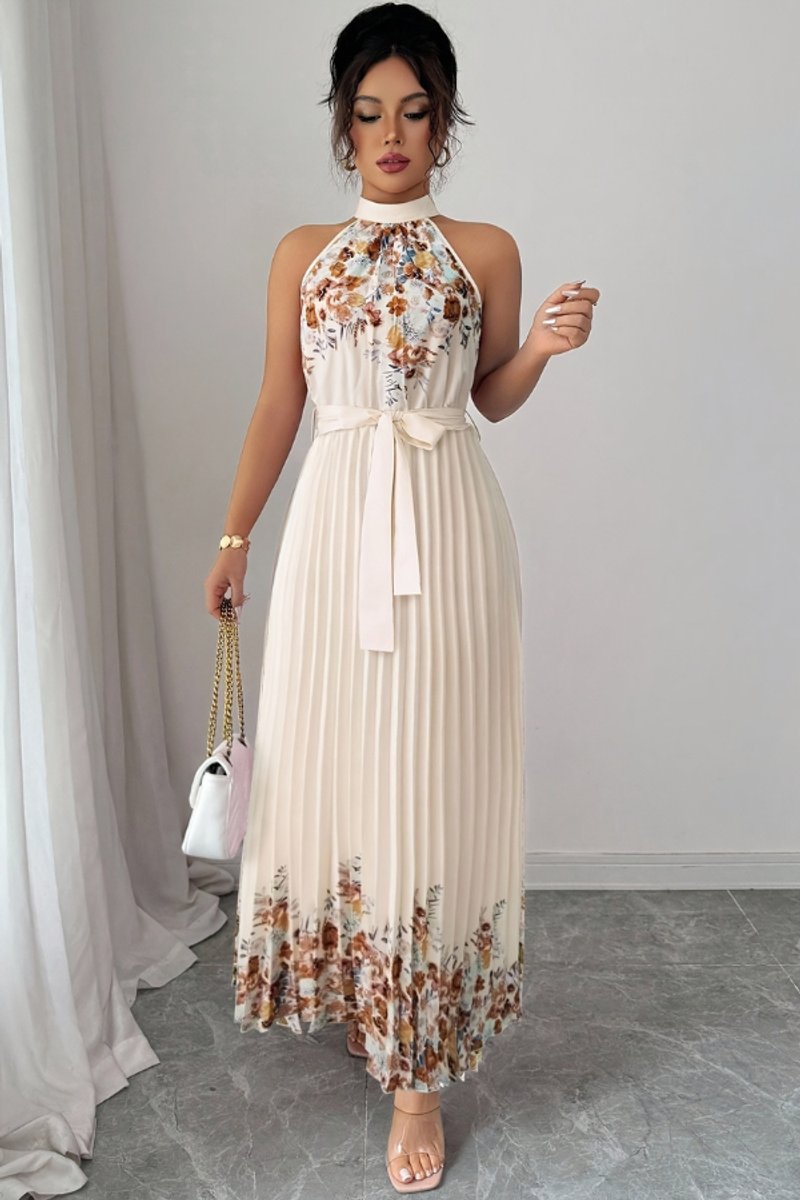 Women's Floral Pleated Halter Evening Gown Midi Dress - Apricot