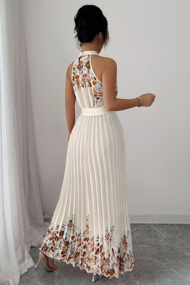 Women's Floral Pleated Halter Evening Gown Midi Dress