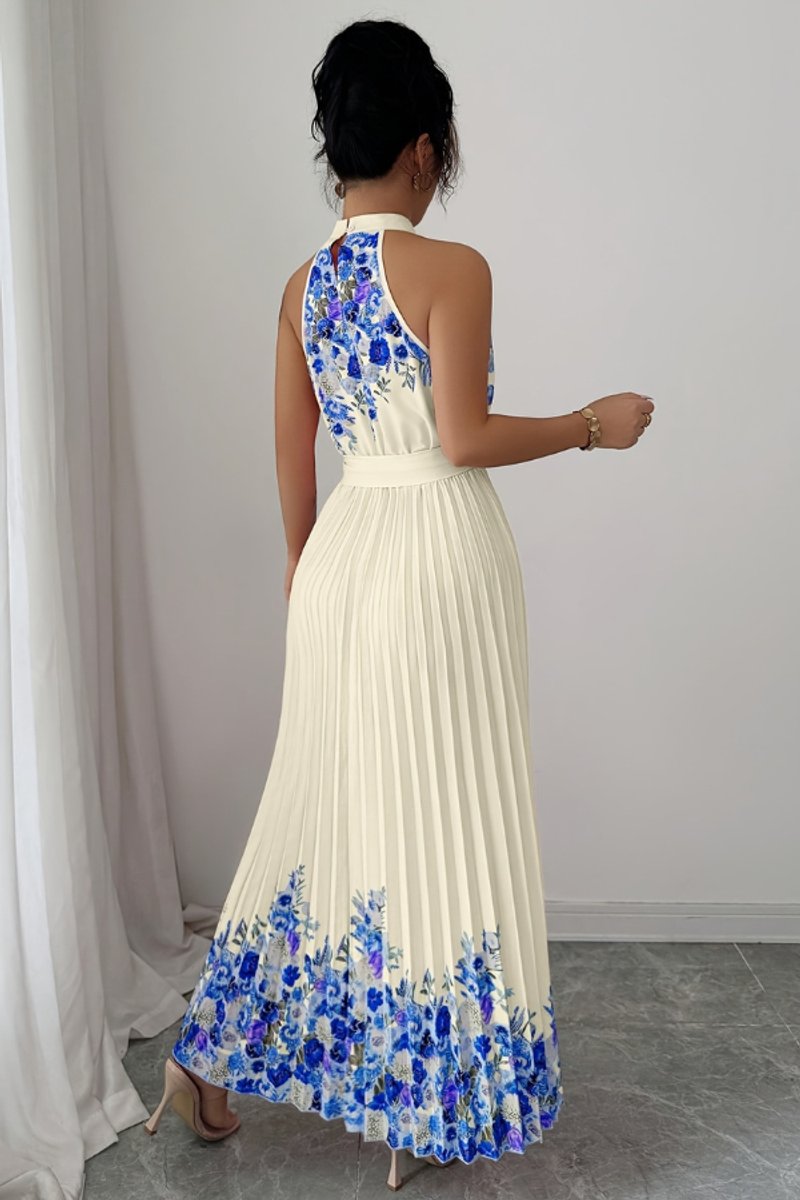 Women's Floral Pleated Halter Evening Gown Midi Dress