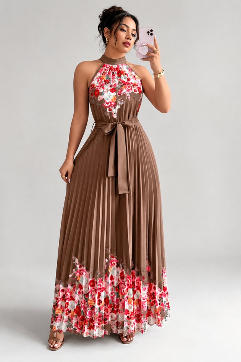 Women's Floral Pleated Halter Evening Gown Midi Dress - Coffee Brown