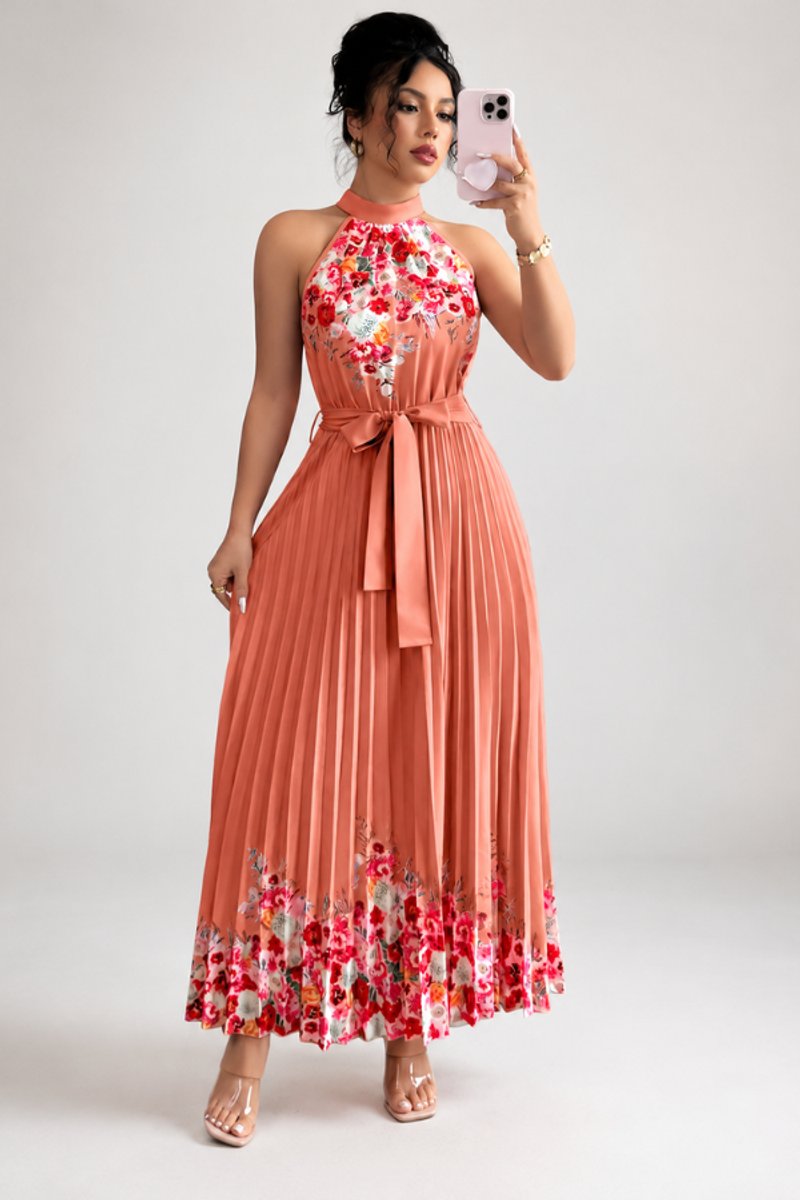 Women's Floral Pleated Halter Evening Gown Midi Dress - Watermelon Red