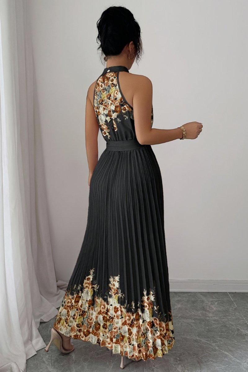 Women's Floral Pleated Halter Evening Gown Midi Dress