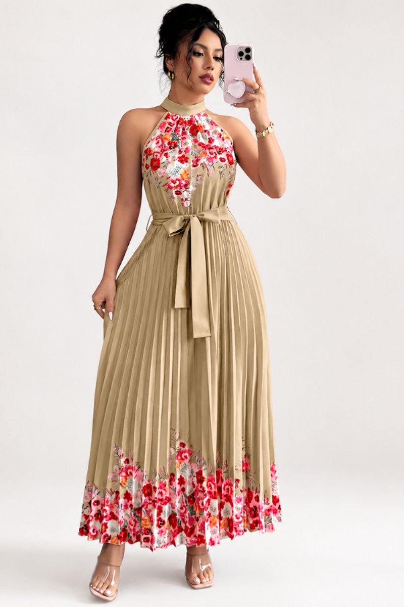 Women's Floral Pleated Halter Evening Gown Midi Dress - Khaki