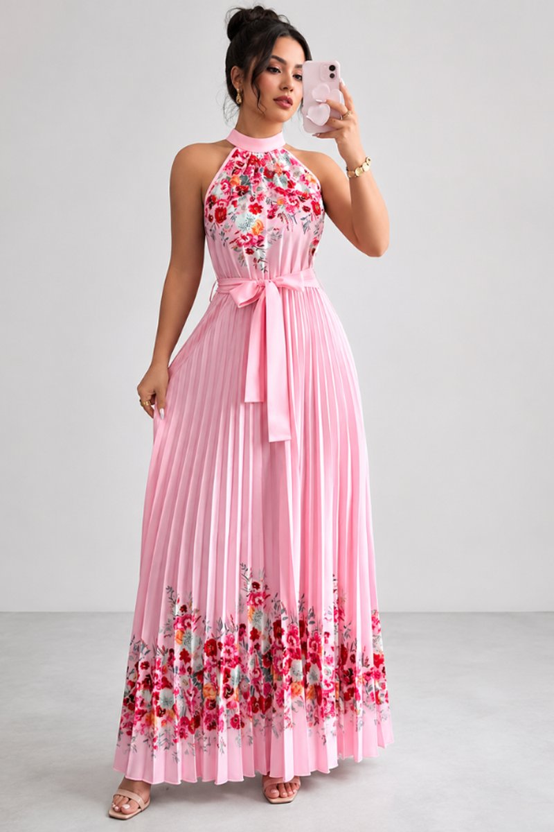 Women's Floral Pleated Halter Evening Gown Midi Dress