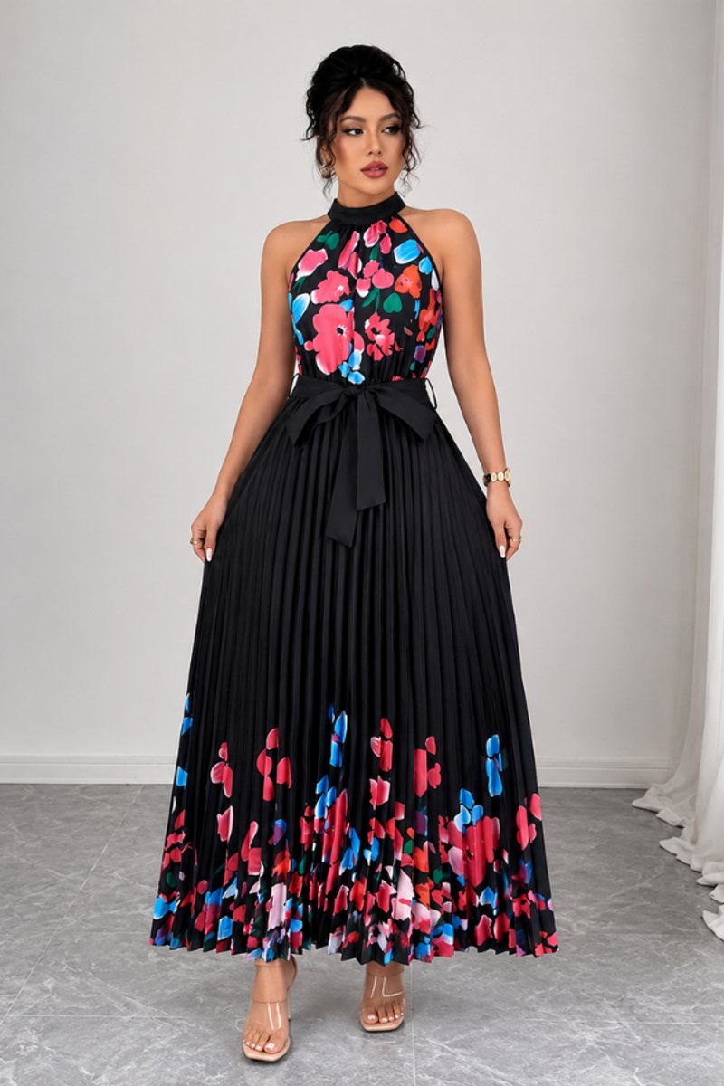 Women's Floral Pleated Halter Evening Gown Midi Dress - Black