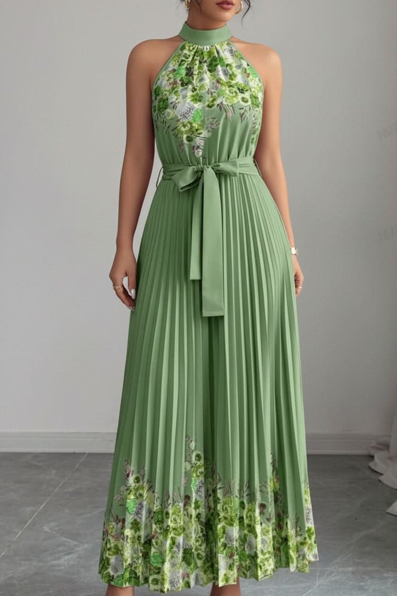 Women's Floral Pleated Halter Evening Gown Midi Dress - Army Green Bottom Yellow Flower