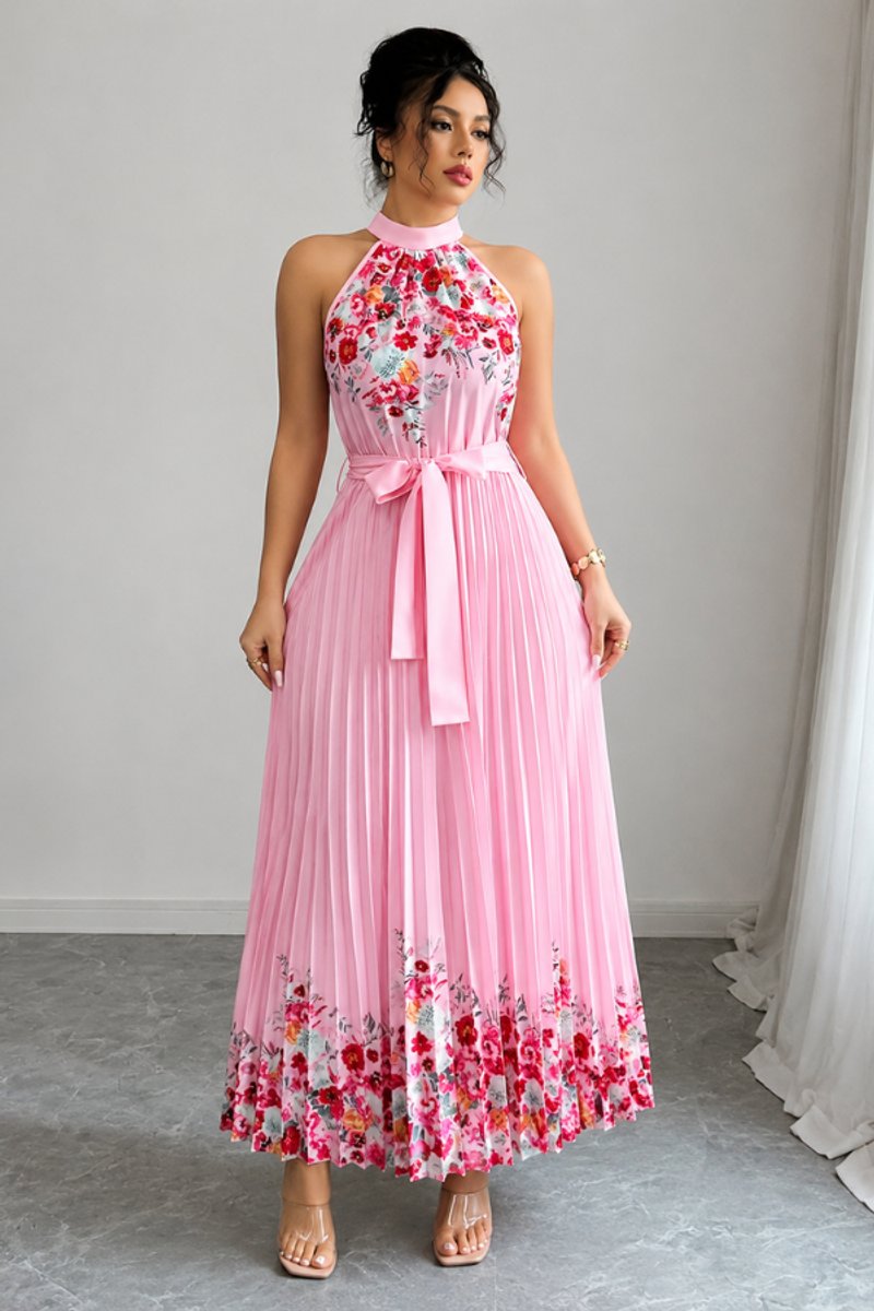 Women's Floral Pleated Halter Evening Gown Midi Dress