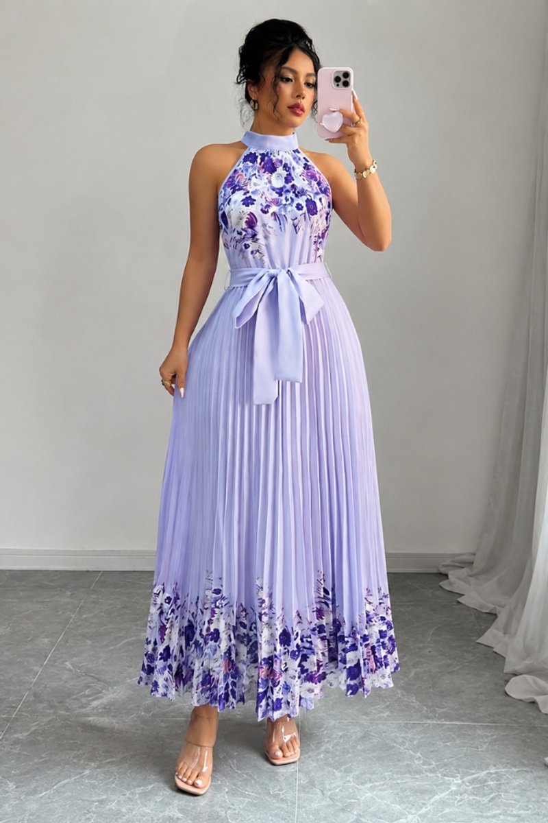 Women's Floral Pleated Halter Evening Gown Midi Dress - Purple