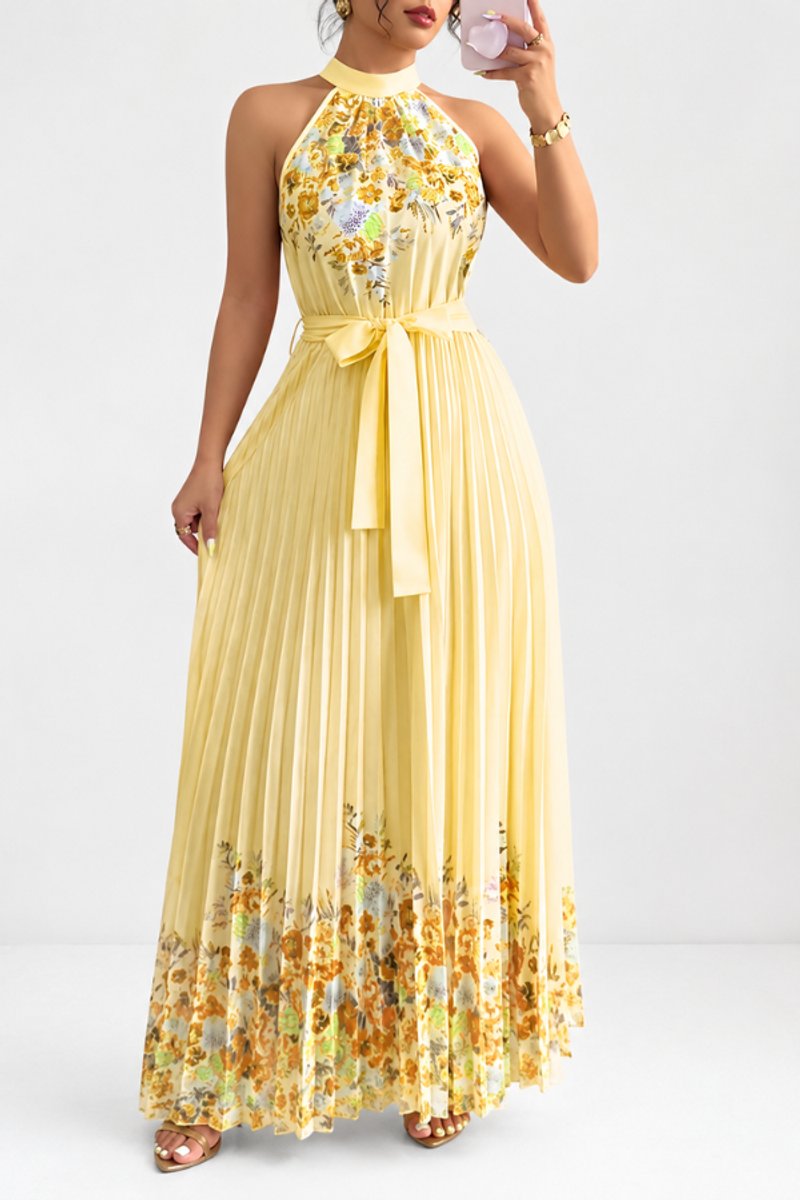 Women's Floral Pleated Halter Evening Gown Midi Dress - Yellow