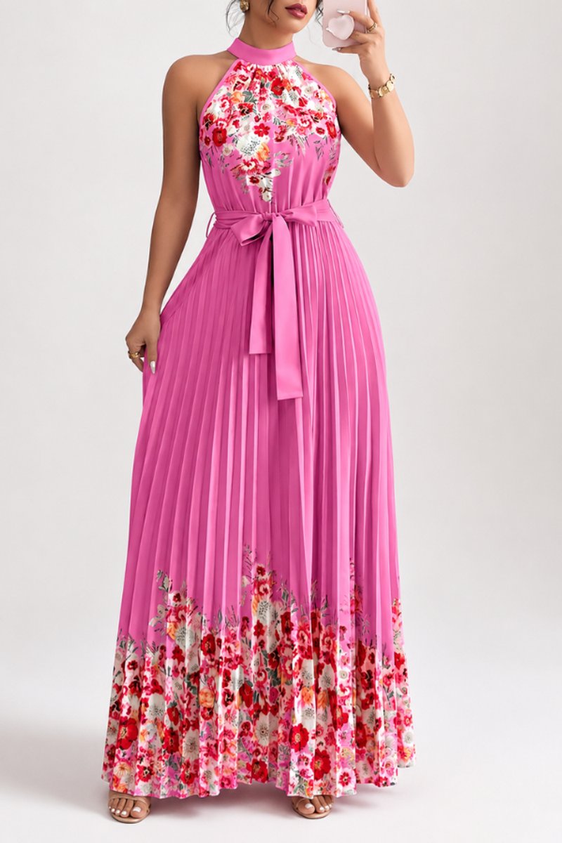 Women's Floral Pleated Halter Evening Gown Midi Dress - Rose Red