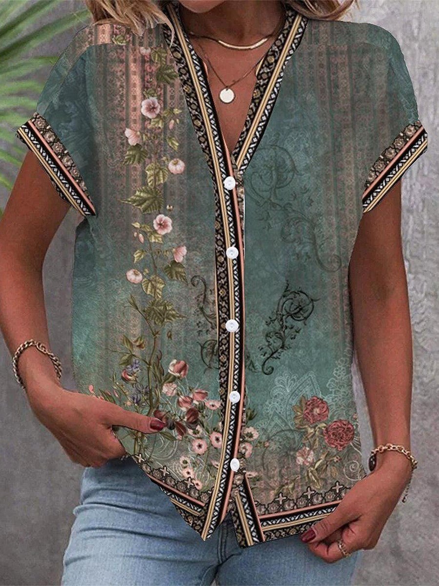 Women's Floral Print V-Neck Button-Front Short Sleeve Blouse - Green