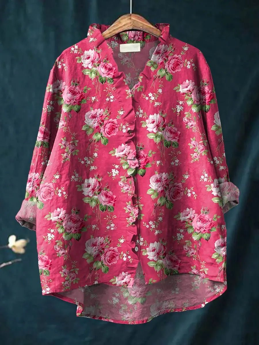 Women's Floral Ruffle-Trim Long-Sleeve Linen Blouse