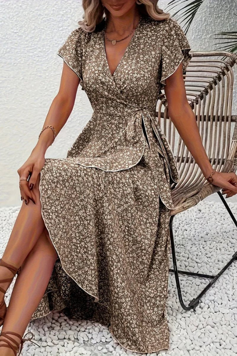 Women's Floral Wrap Midi Evening Gown Short-Sleeve V-Neck Dress - Camel