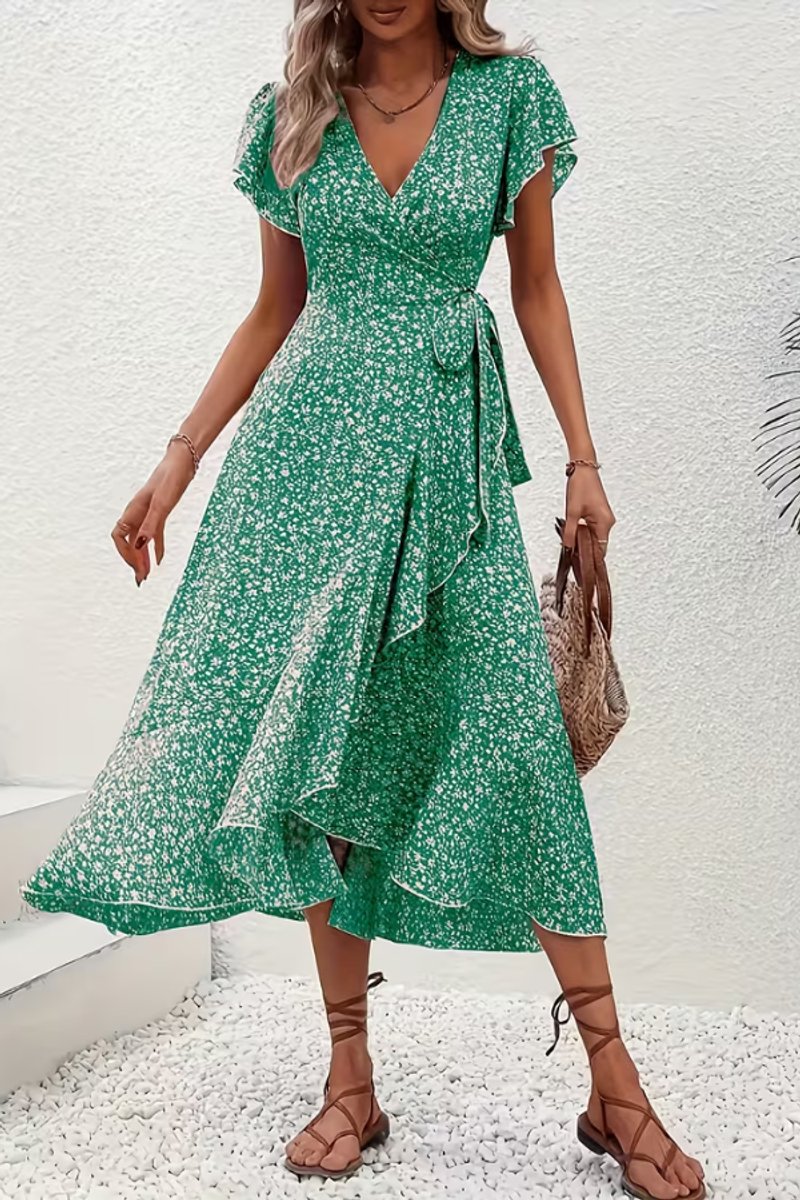 Women's Floral Wrap Midi Evening Gown Short-Sleeve V-Neck Dress