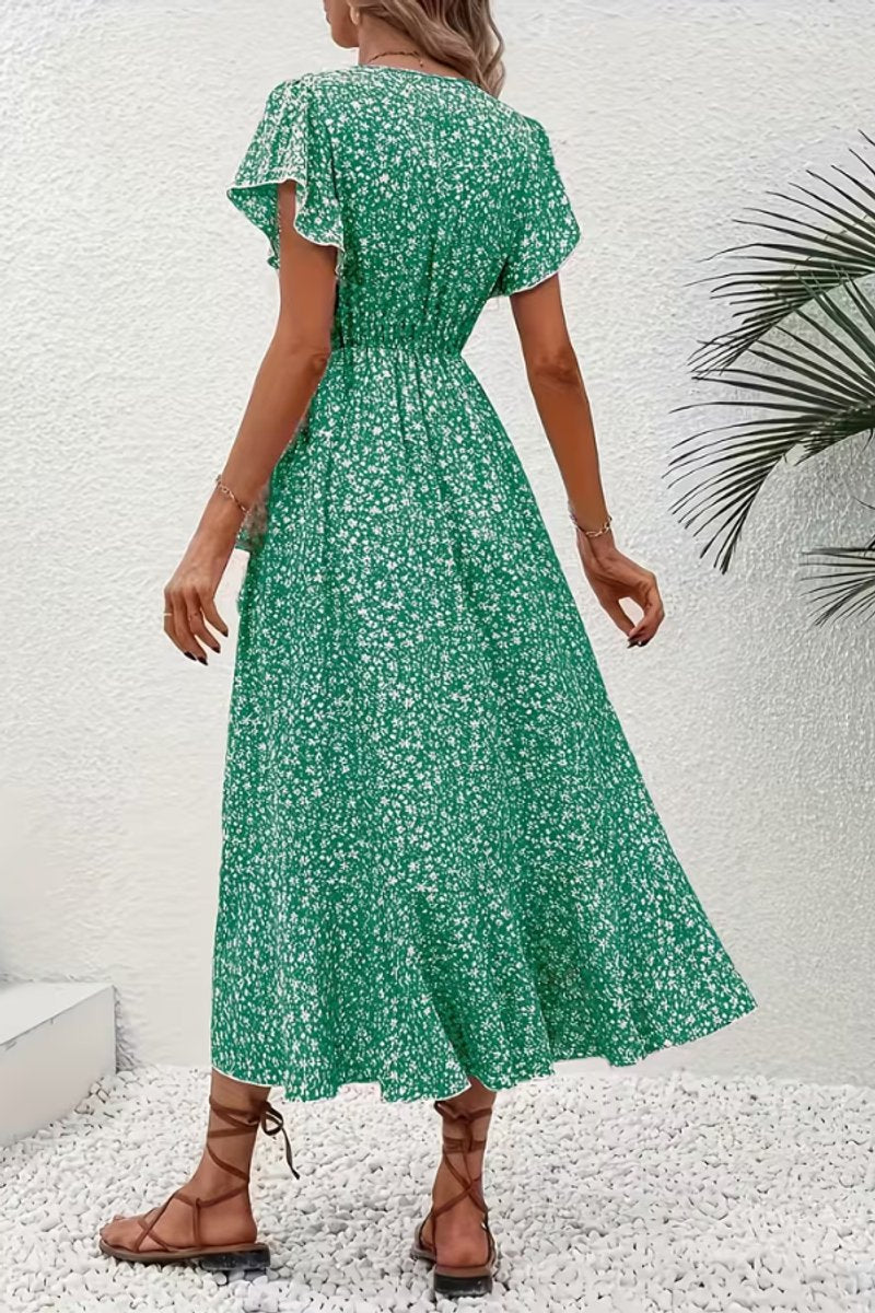 Women's Floral Wrap Midi Evening Gown Short-Sleeve V-Neck Dress