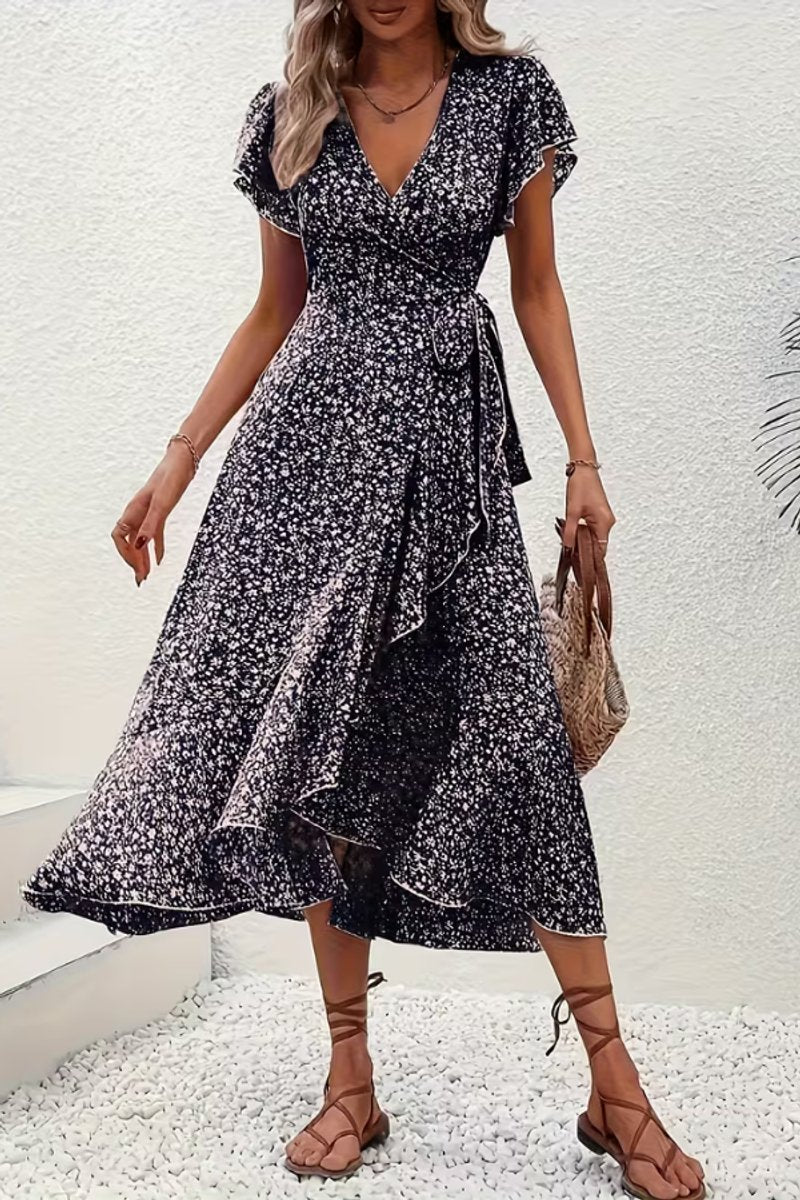Women's Floral Wrap Midi Evening Gown Short-Sleeve V-Neck Dress