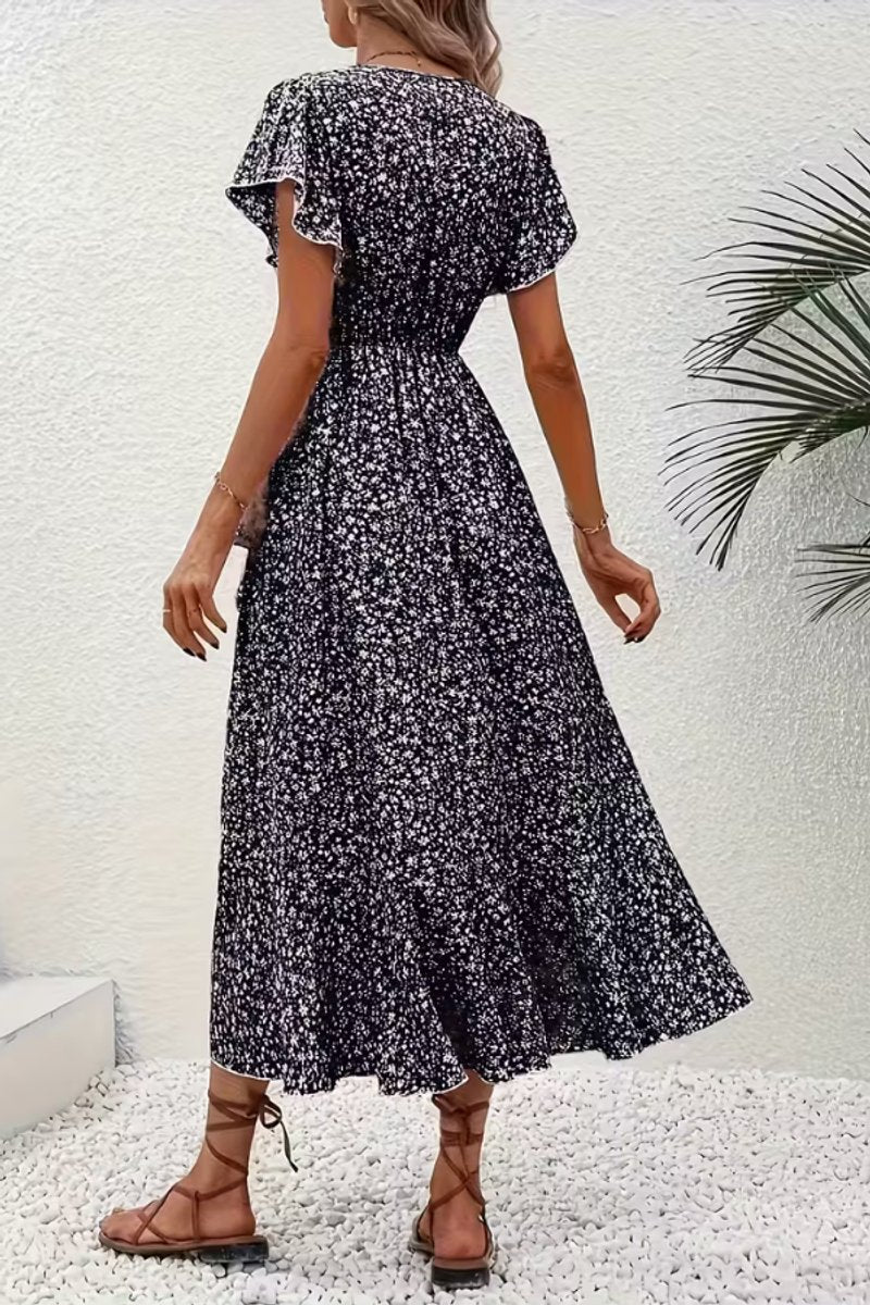 Women's Floral Wrap Midi Evening Gown Short-Sleeve V-Neck Dress