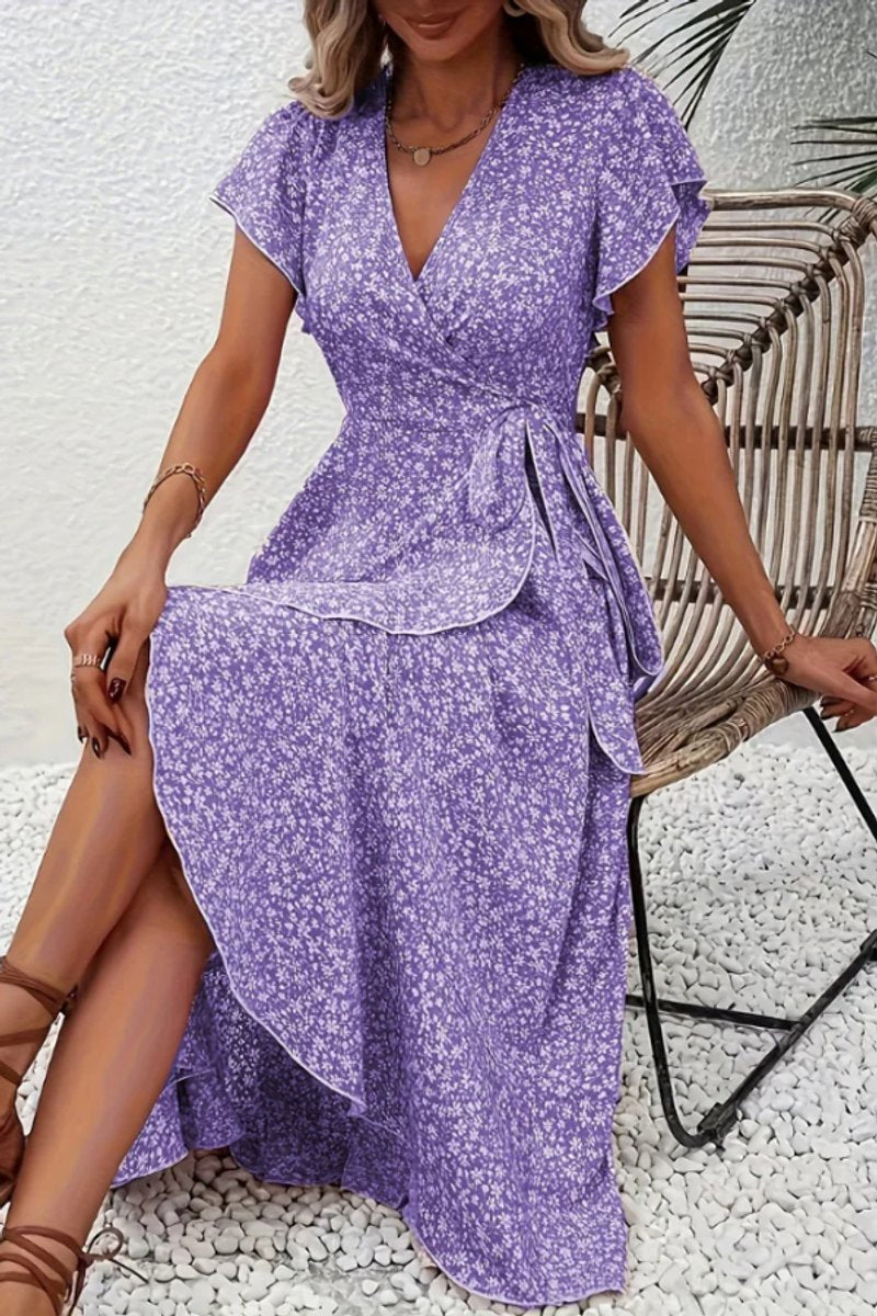 Women's Floral Wrap Midi Evening Gown Short-Sleeve V-Neck Dress - Purple