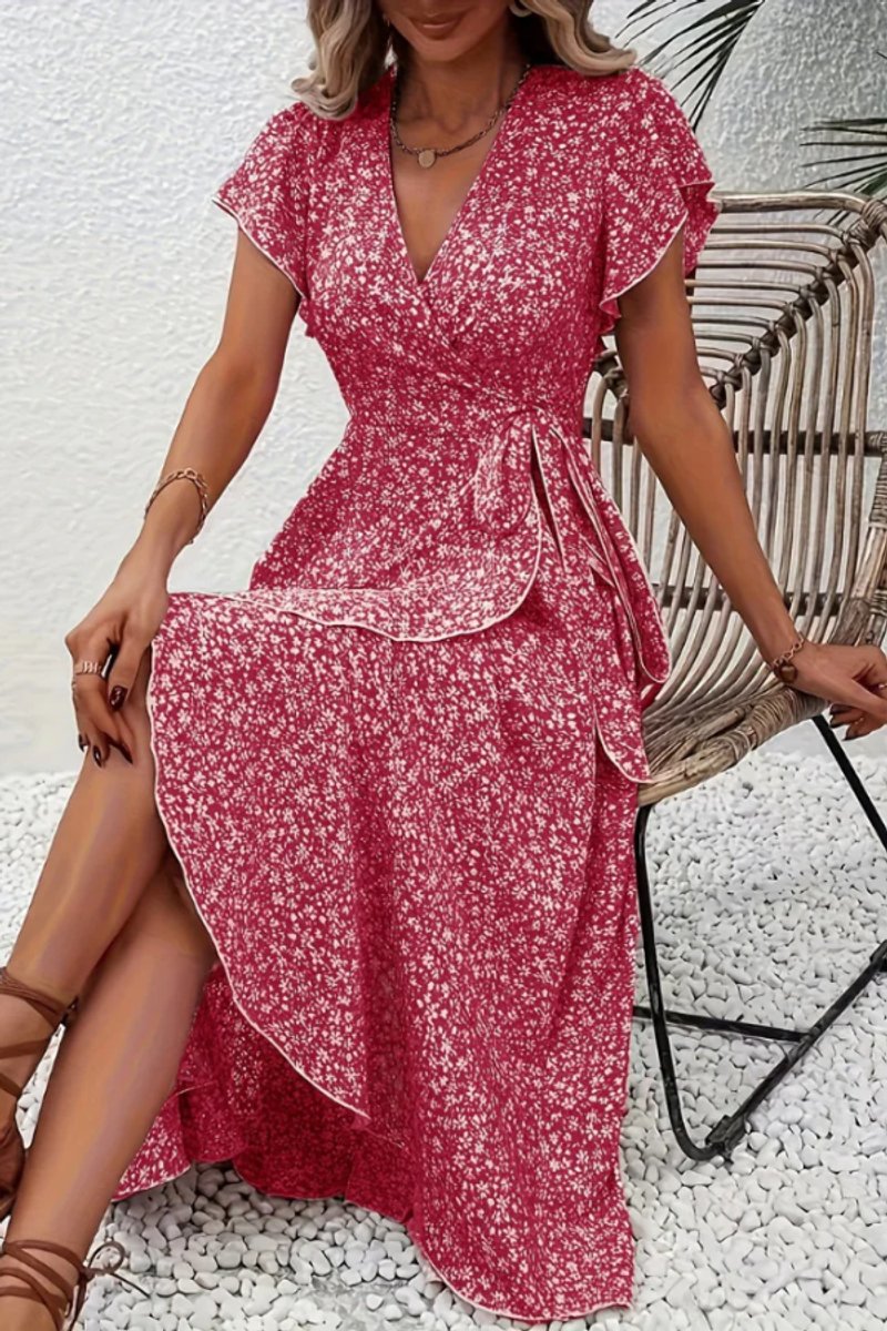 Women's Floral Wrap Midi Evening Gown Short-Sleeve V-Neck Dress - Pink 2