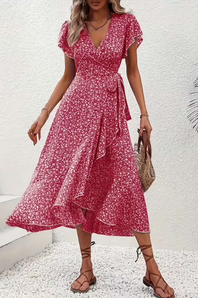 Women's Floral Wrap Midi Evening Gown Short-Sleeve V-Neck Dress
