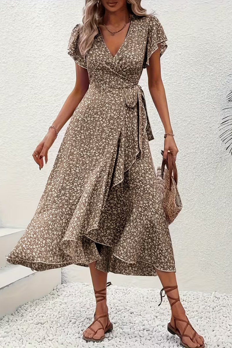 Women's Floral Wrap Midi Evening Gown Short-Sleeve V-Neck Dress
