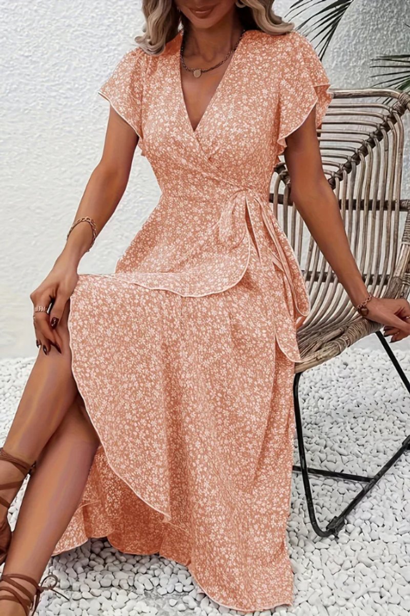 Women's Floral Wrap Midi Evening Gown Short-Sleeve V-Neck Dress - Orange Pink