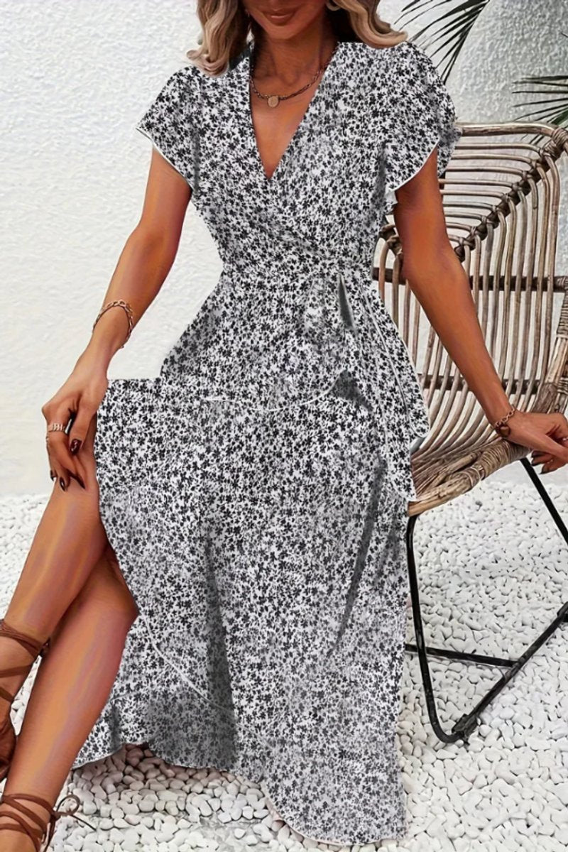 Women's Floral Wrap Midi Evening Gown Short-Sleeve V-Neck Dress - Black And White
