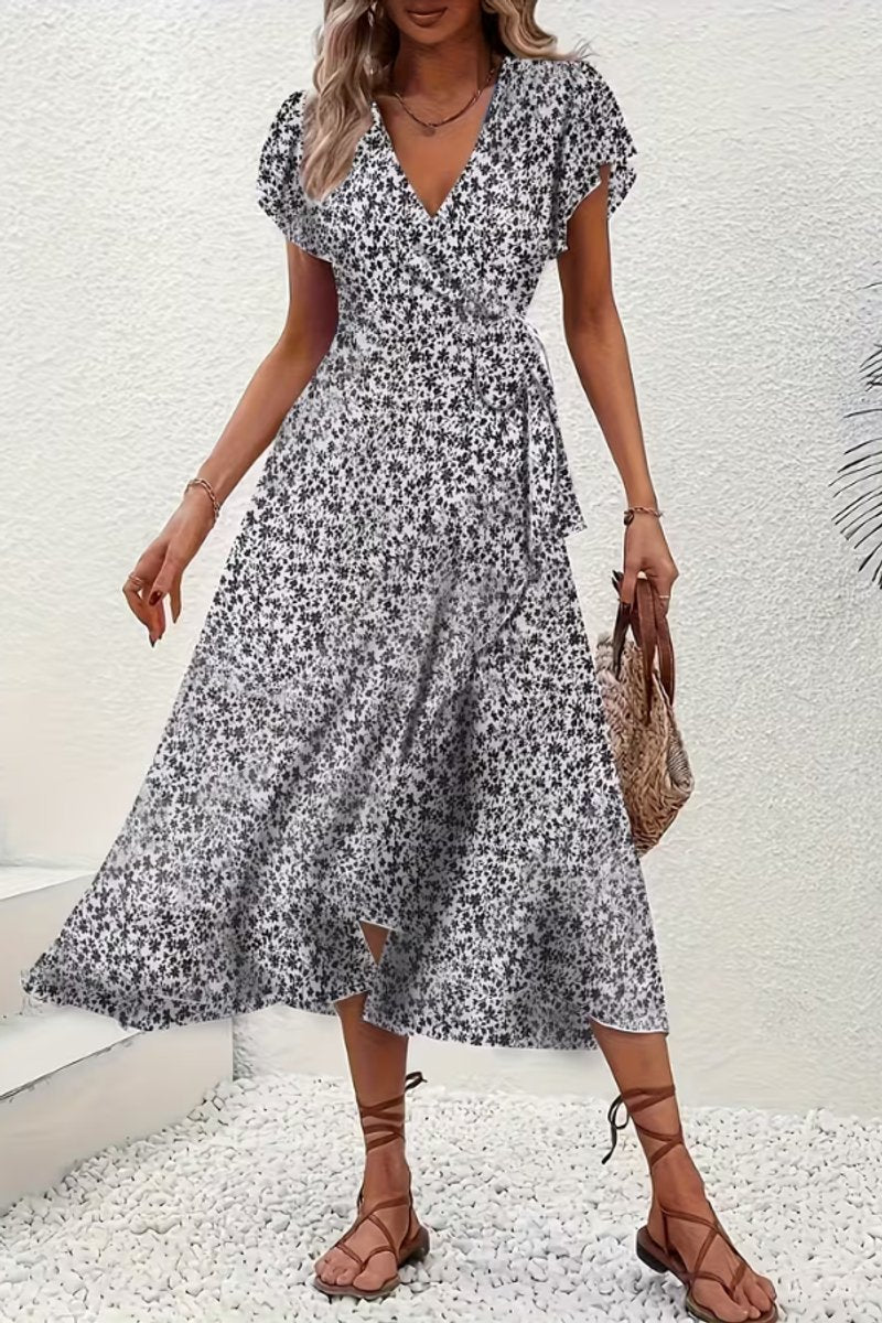 Women's Floral Wrap Midi Evening Gown Short-Sleeve V-Neck Dress