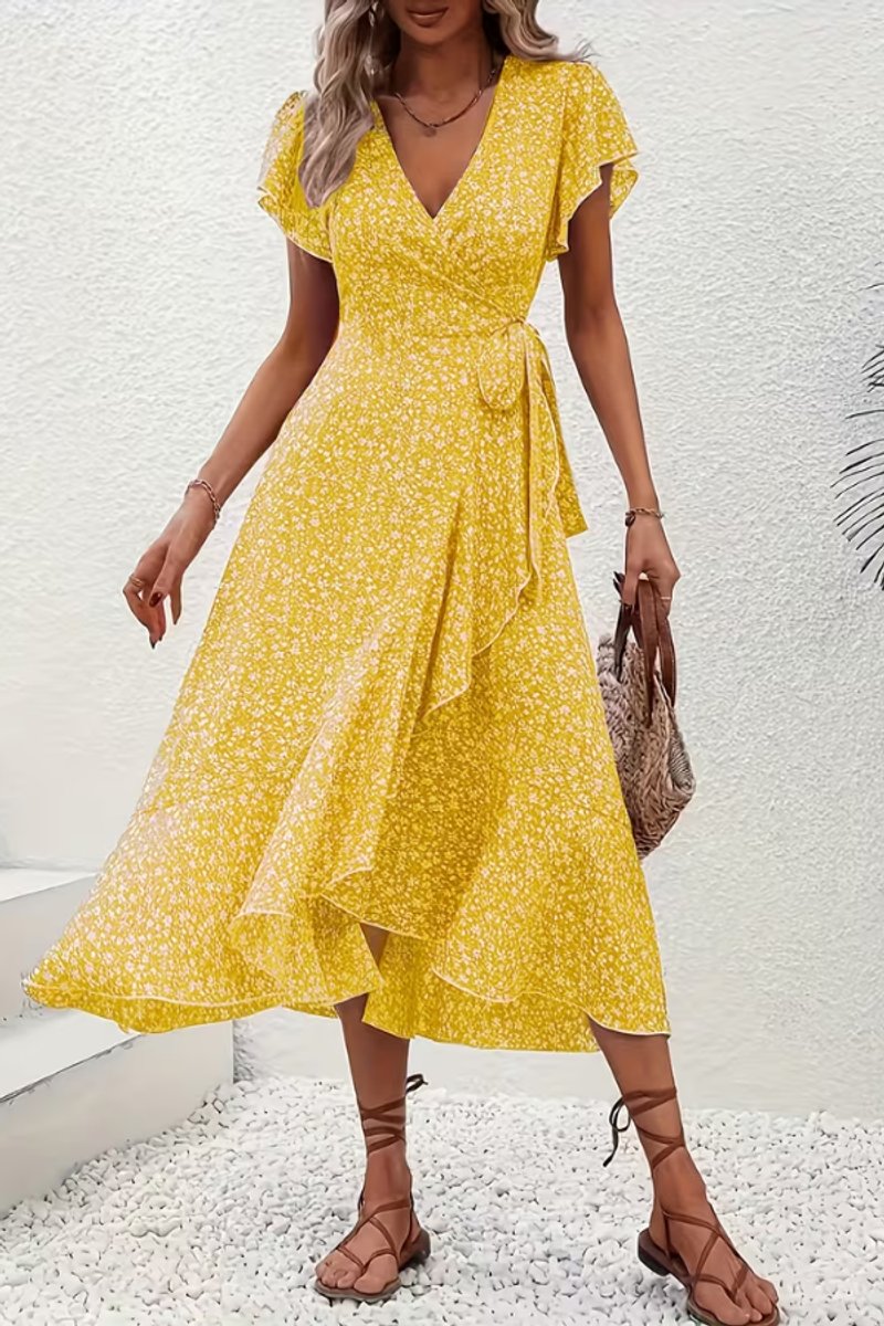 Women's Floral Wrap Midi Evening Gown Short-Sleeve V-Neck Dress